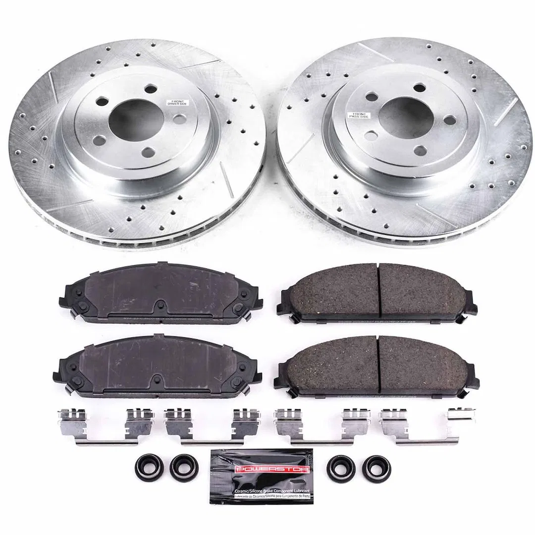 K2560 – POWERSTOP Brake Kit, Carbon Fiber Ceramic Brake Pads 13.58 Inch Silver Zinc Plated Cross-Drilled And Slotted ...